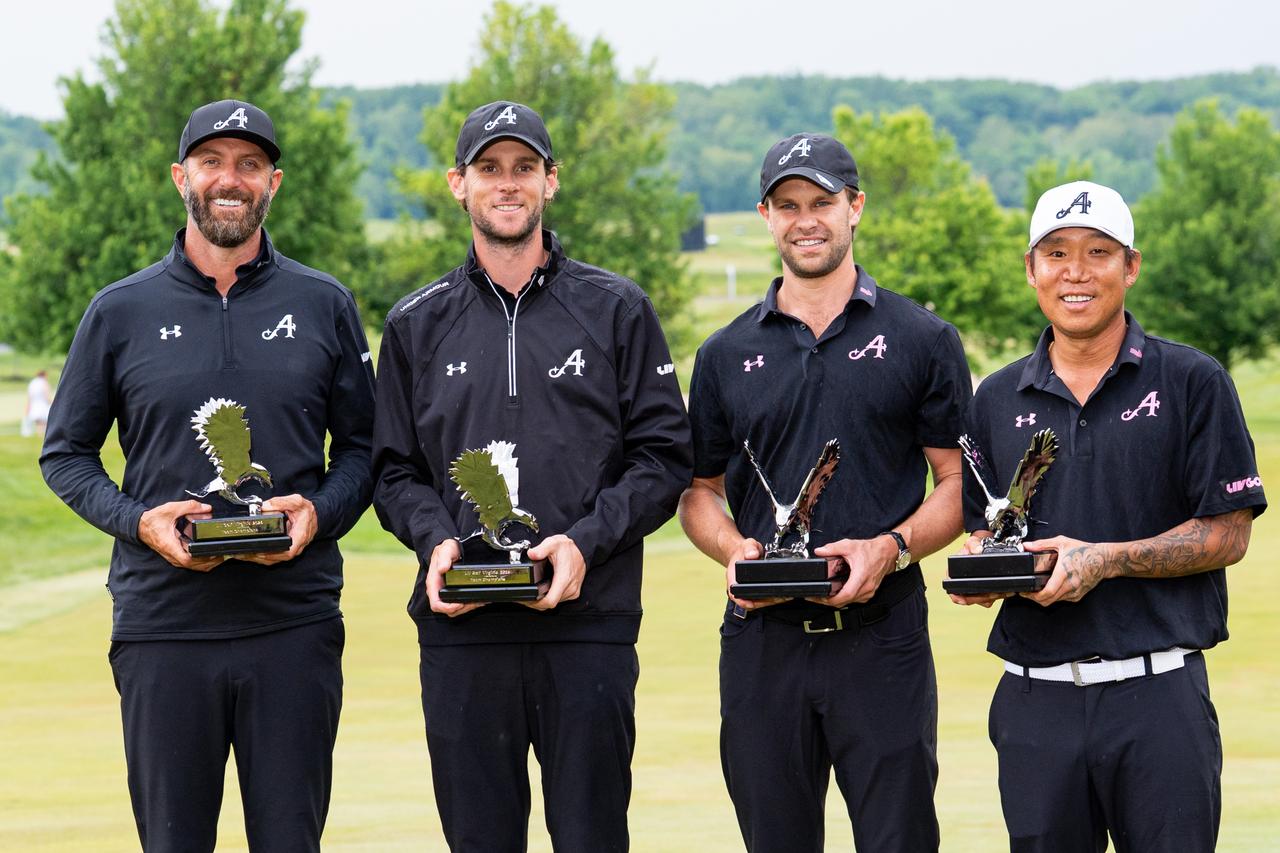 画像: チーム戦で優勝を飾った「4Aces」のメンバー。左からダスティン・ジョンソン、トーマス・ピータース、トーマス・デトリー、アンソニー・キム(提供/LIVゴルフ)