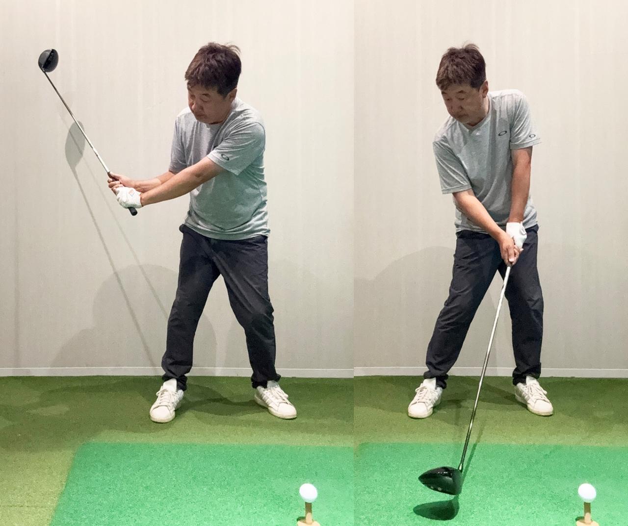 画像: ダウンスウィングでは右を向いたままクラブを下ろすと肩のラインが開かない