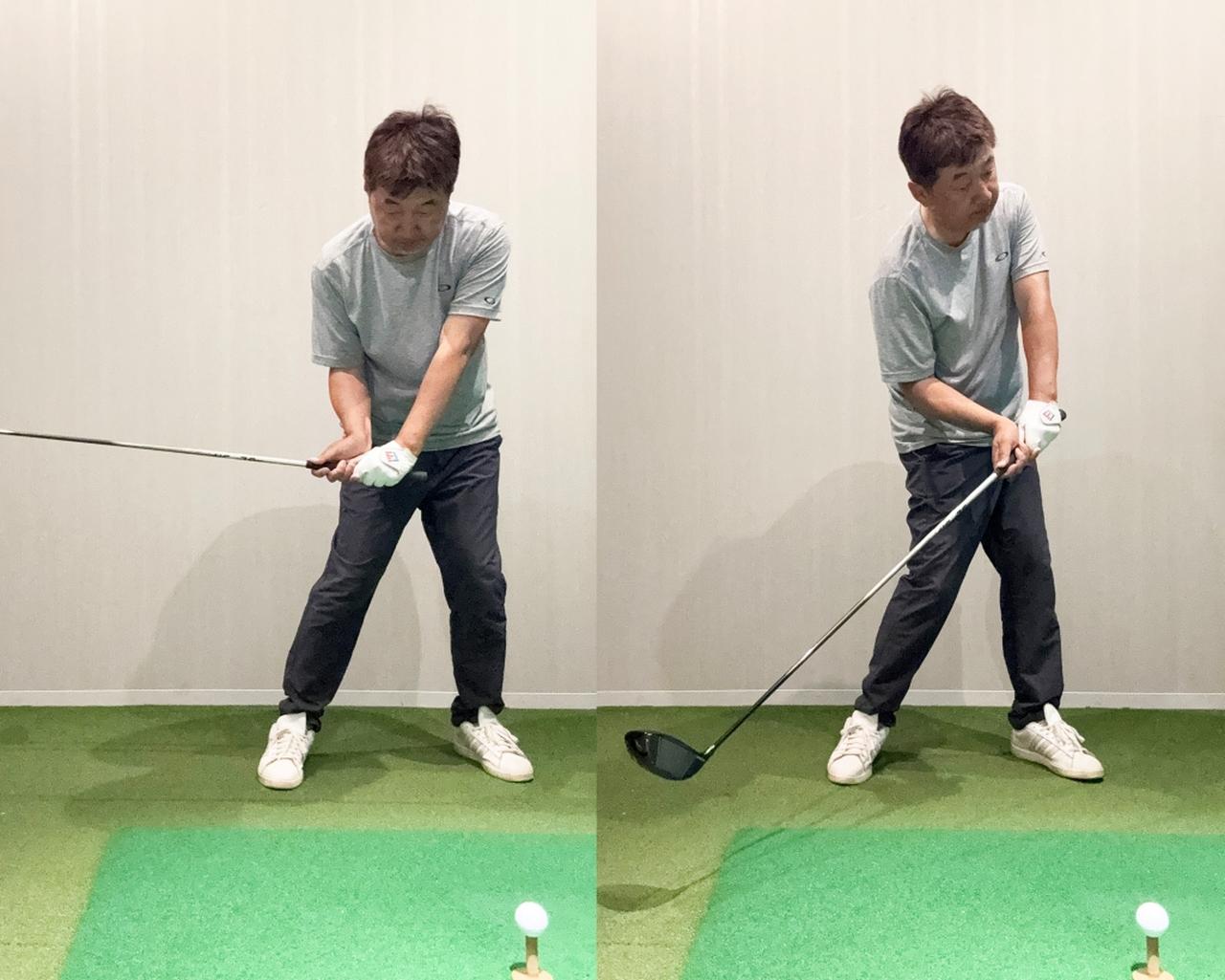 画像: (左)肩が開かずクラブを下ろし、スクエアでインパクトできれば振り遅れない。(右)上体が先行しすぎて肩のラインが開いてはダメ