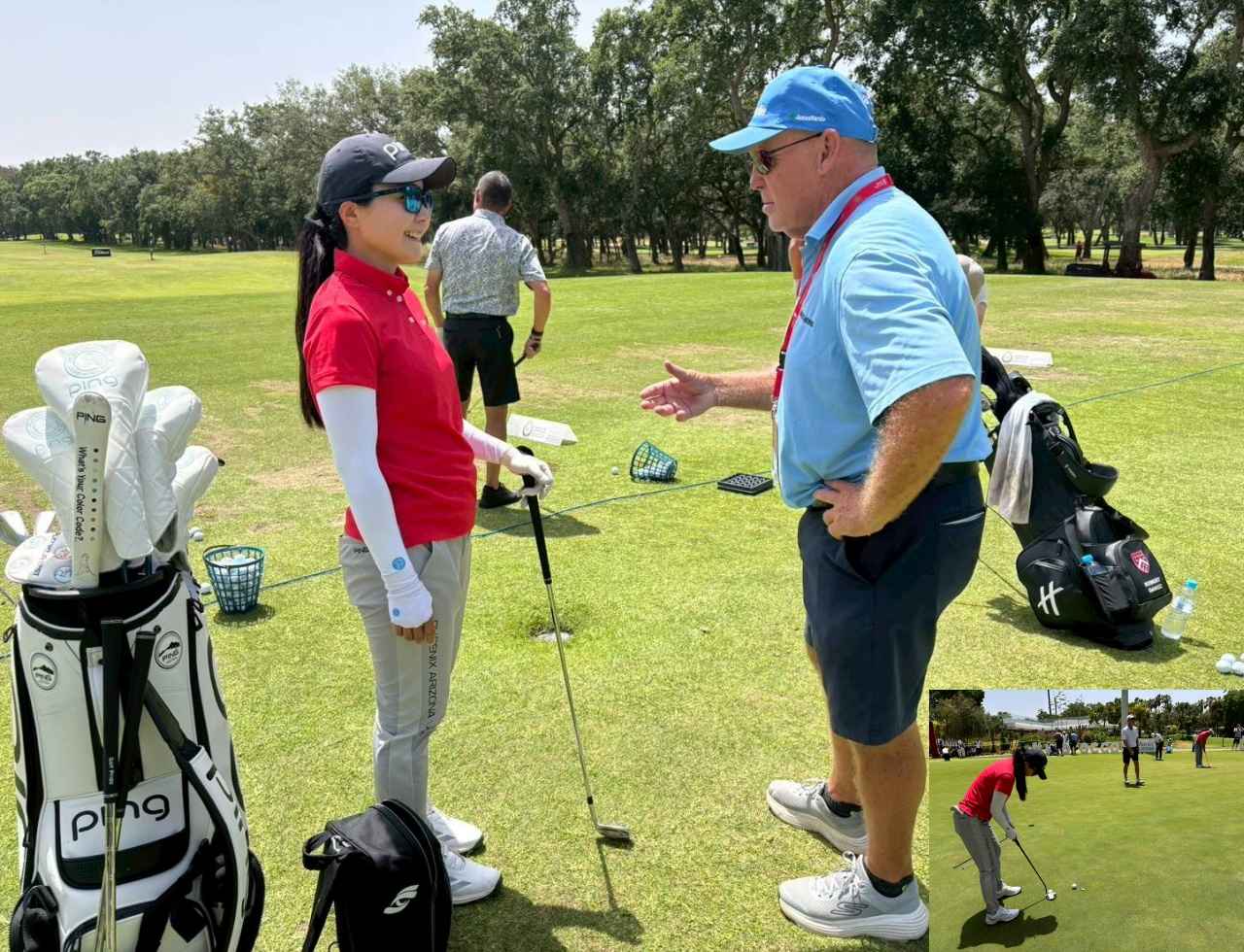 画像: モロッコでパター練習など課題の調整をする彩子。「水色の服の方は、LPGA時代に友人のフォン・シミンのキャディをしていた人。今はPGAシニア選手のキャディです」