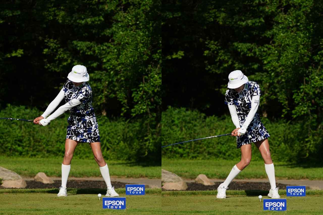 画像: 両ひざの動きに注目！ 左のバックスウィングでは左ひざ、右のダウンスウィングでは右ひざが体の正中線に入っていく（写真は25年オッタークリーク選手権、撮影／Yasuhiro JJ Tanabe）