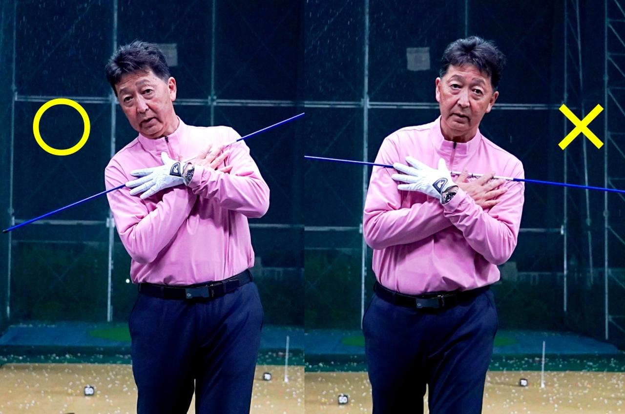 画像: 「左軸を作るときはアドレス時の背骨の角度をフィニッシュまでキープすることが大事です」（原田プロ）