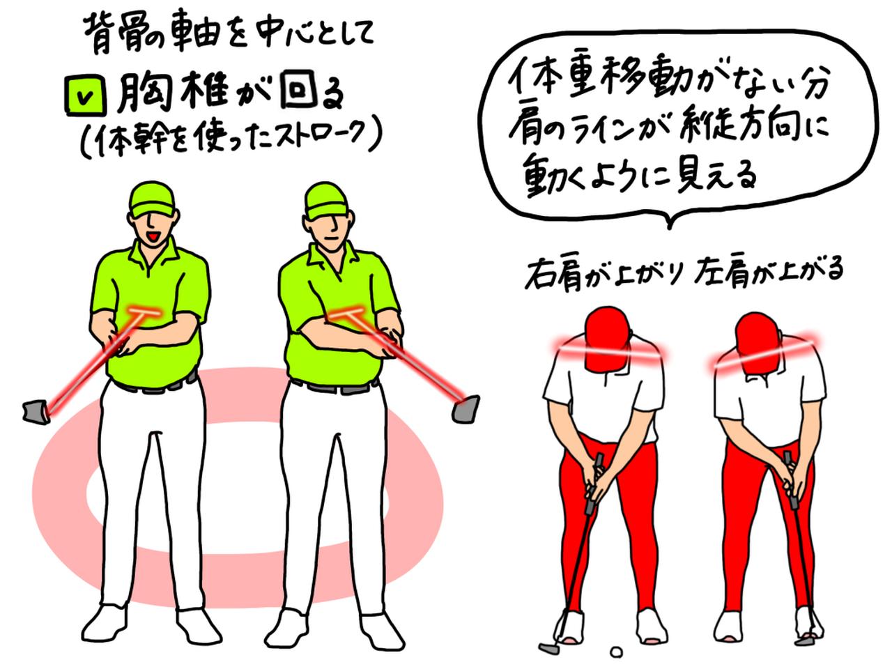 画像: 背骨の軸を中心に胸椎だけを回すイメージでストロークしよう。体重移動が起こらない分、肩のラインは縦方向に動くように見える