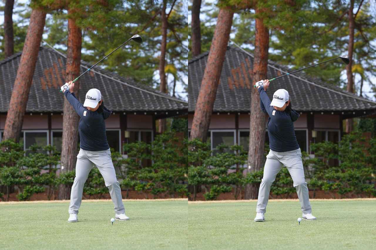 画像: 右足内側でパワーを受け止め、背中がターゲットを向いたまま左は重心移動する