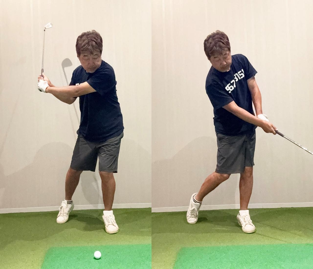 画像: クラブを持ち、ハーフスウィングでやってみると、今までの感覚よりも左足にしっかりと乗ってから回転する感覚がわかりました