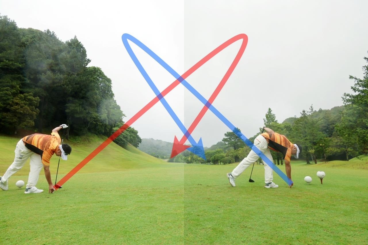 画像: 写真A：スライスが出るなら右寄りにティーアップして左を狙う、フックが出るなら左寄りにティーアップして右を狙うのがセオリー