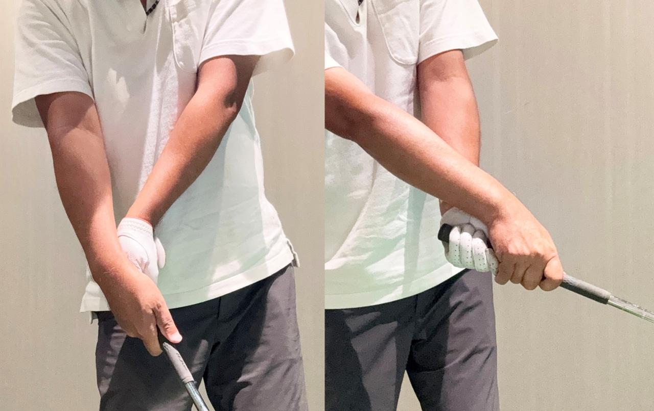 画像: フルショットで打つと体に力が入り、アーリーリリース(左)や過度なローテーション(右)が起こりやすくなる