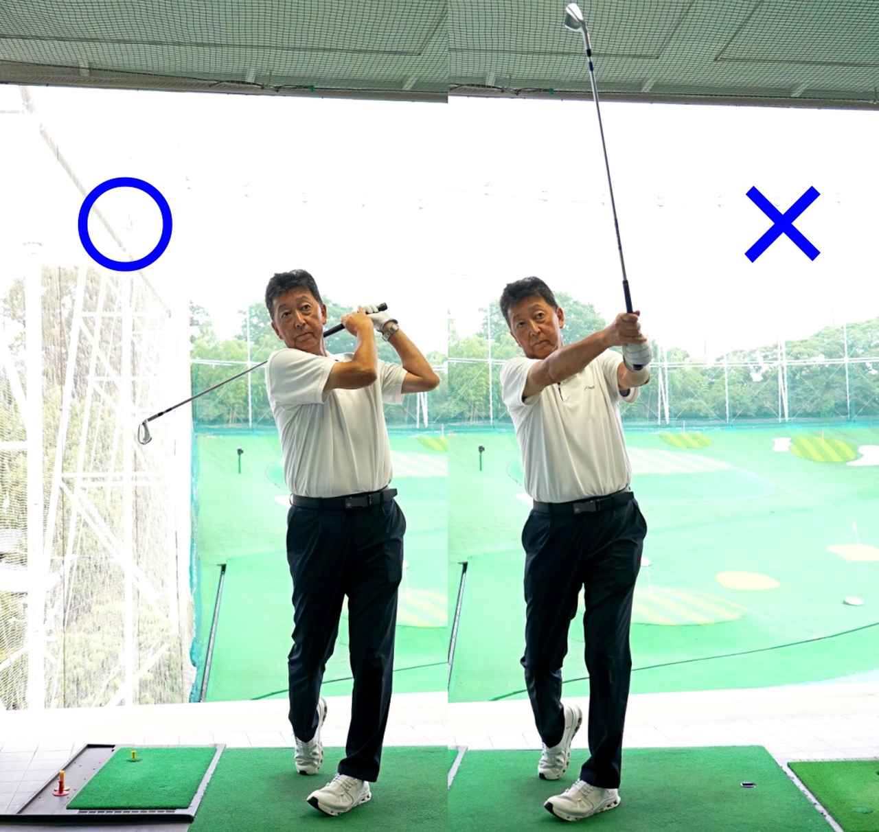 画像: グリップは左耳の近くに収めると、ヘッドの運動量は大きくなる。腕が伸びて左耳から遠くなると、ヘッドは止まり、ヘッドの運動量が小さくなってしまう