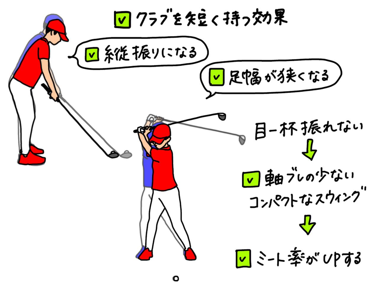 画像: クラブを短く持つことで、縦振りになり、なおかつ大振りできずコンパクトでミートしやすいスウィングにできる