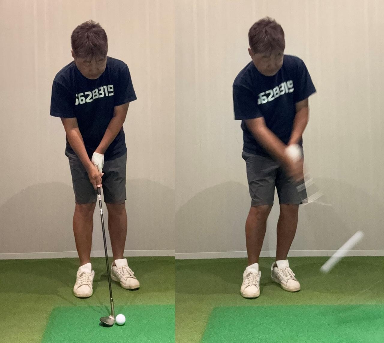 画像: バックフェースに近い部分をこするようにアプローチすると、ハンドレイト気味の構えになり、柔らかく高い球になる
