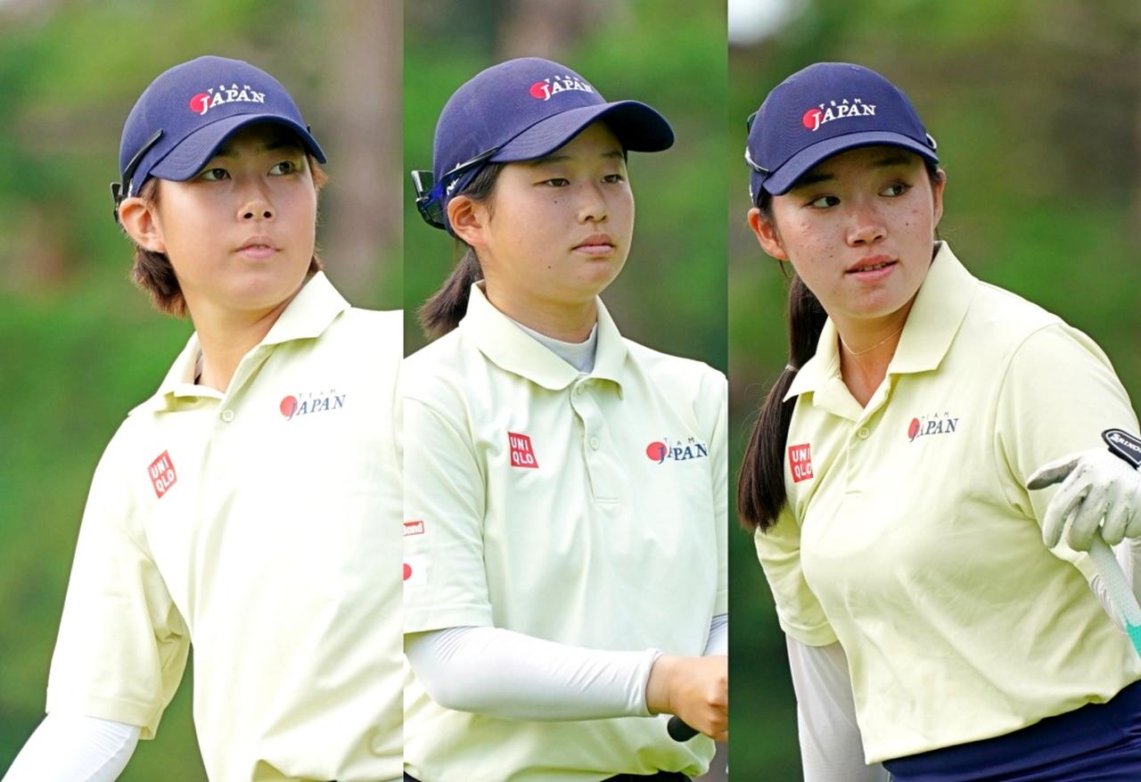 画像: ナショナルチームのユニフォームで戦う3人。左から、世界女子アマランク46位の後藤あい、同14位の廣吉優梨菜、同15位の岩永杏奈(データは8月19日現在)