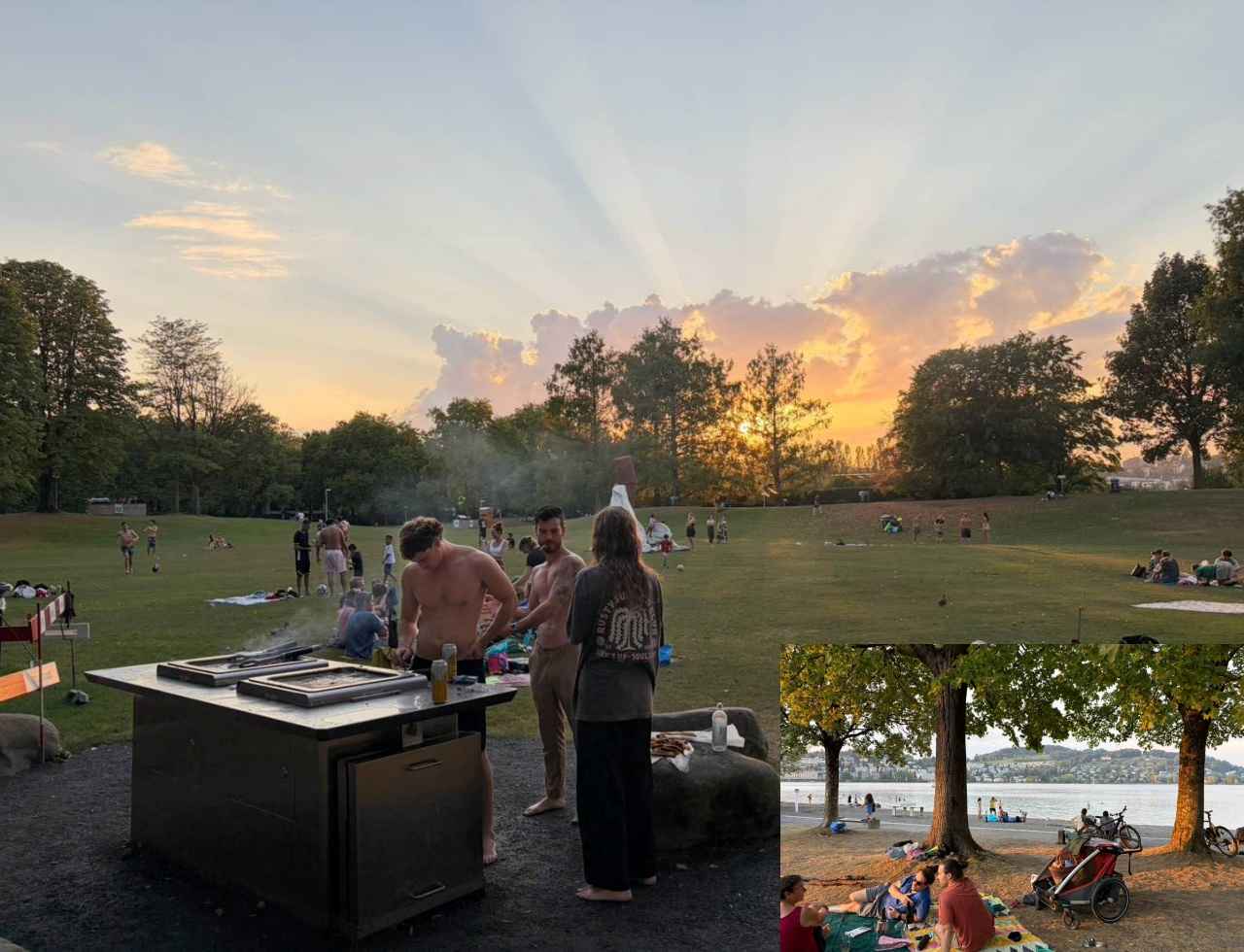 画像: 公園で皆アクティブに楽しんでいる。スポーツも水泳もBBQも!「暑いから湖で泳ぐ人も多くて。そんななか、私たちはのんびりしていました(笑)」