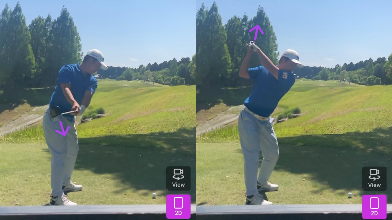 画像: 画像② テークバック(左)とトップ(右)の比較/テークバックではフェースは地面を向き、トップでは空を向いている