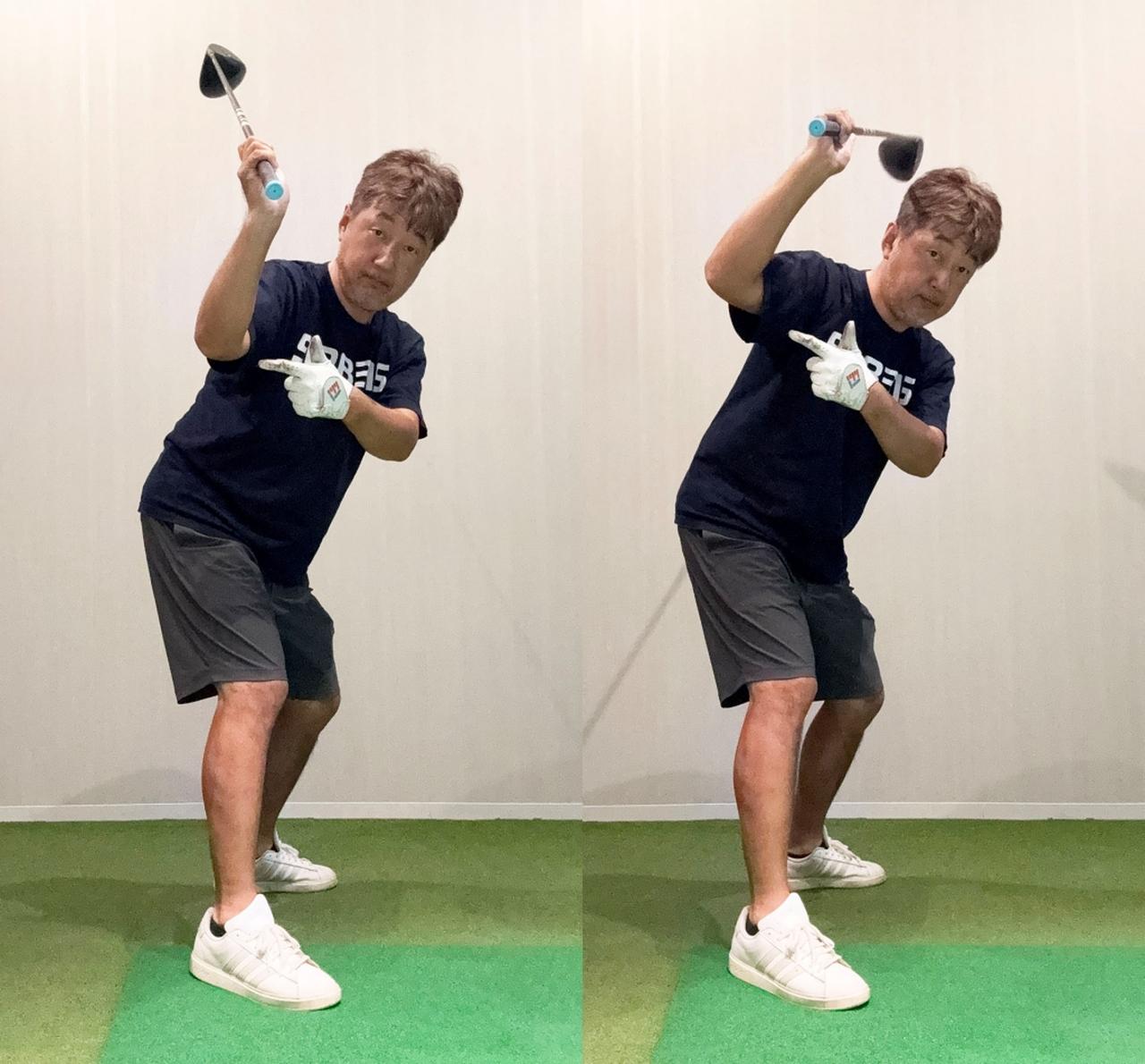 画像: (左)トップで右ひじが右骨盤を指すようにする。(左)右ひじが開いたりすると上体が回り過ぎたりしてトップの収まりが悪くなる
