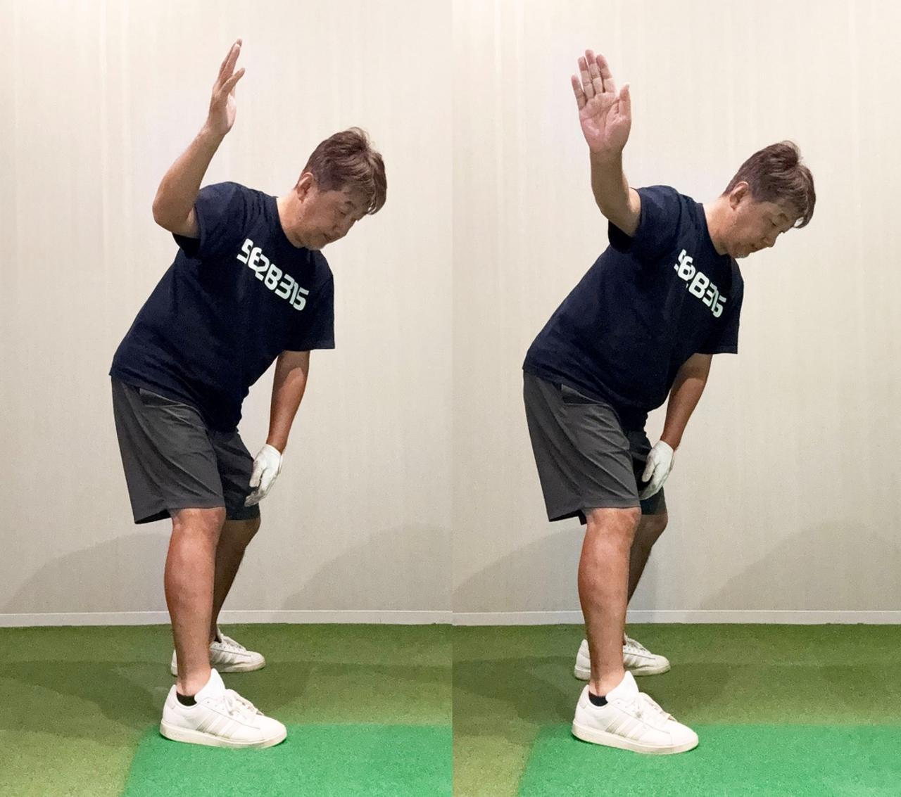 画像: (右)トップで止めた時に手のひらが自分の方や前を向いているとシャフトクロスになりやすい。(左)右手の甲が自分を向くように意識するとトップの収まりが良くなる