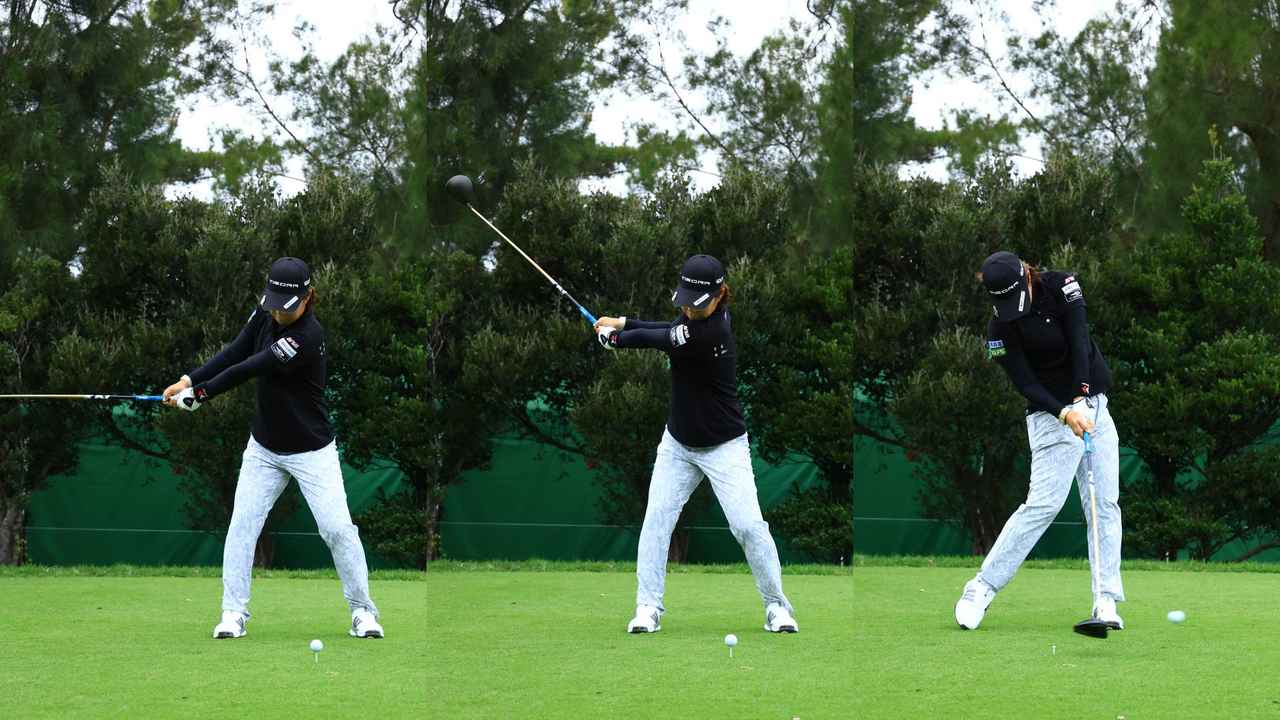 画像: 大きなスウィングアークで飛ばす穴井詩