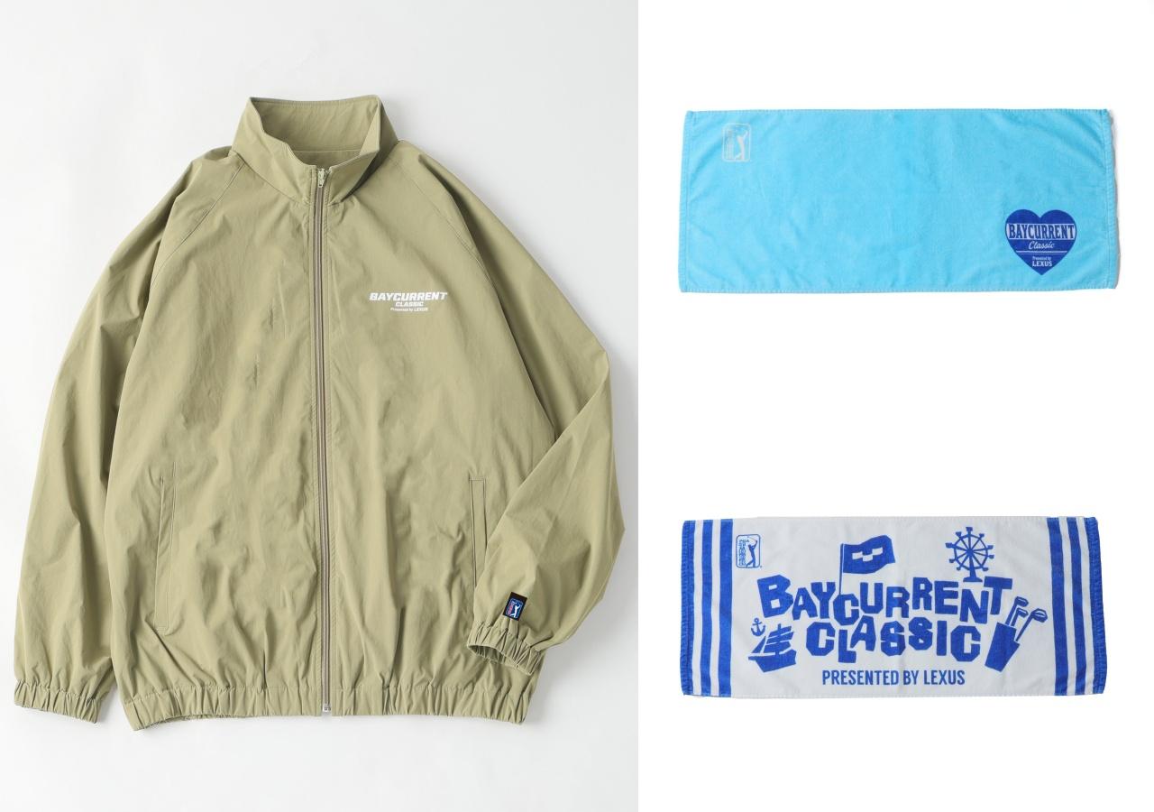 画像: 「ゴルフ ナイロンジップジャケット」1万6000円、「プリントフェイスタオル YOKOHAMA」2500円