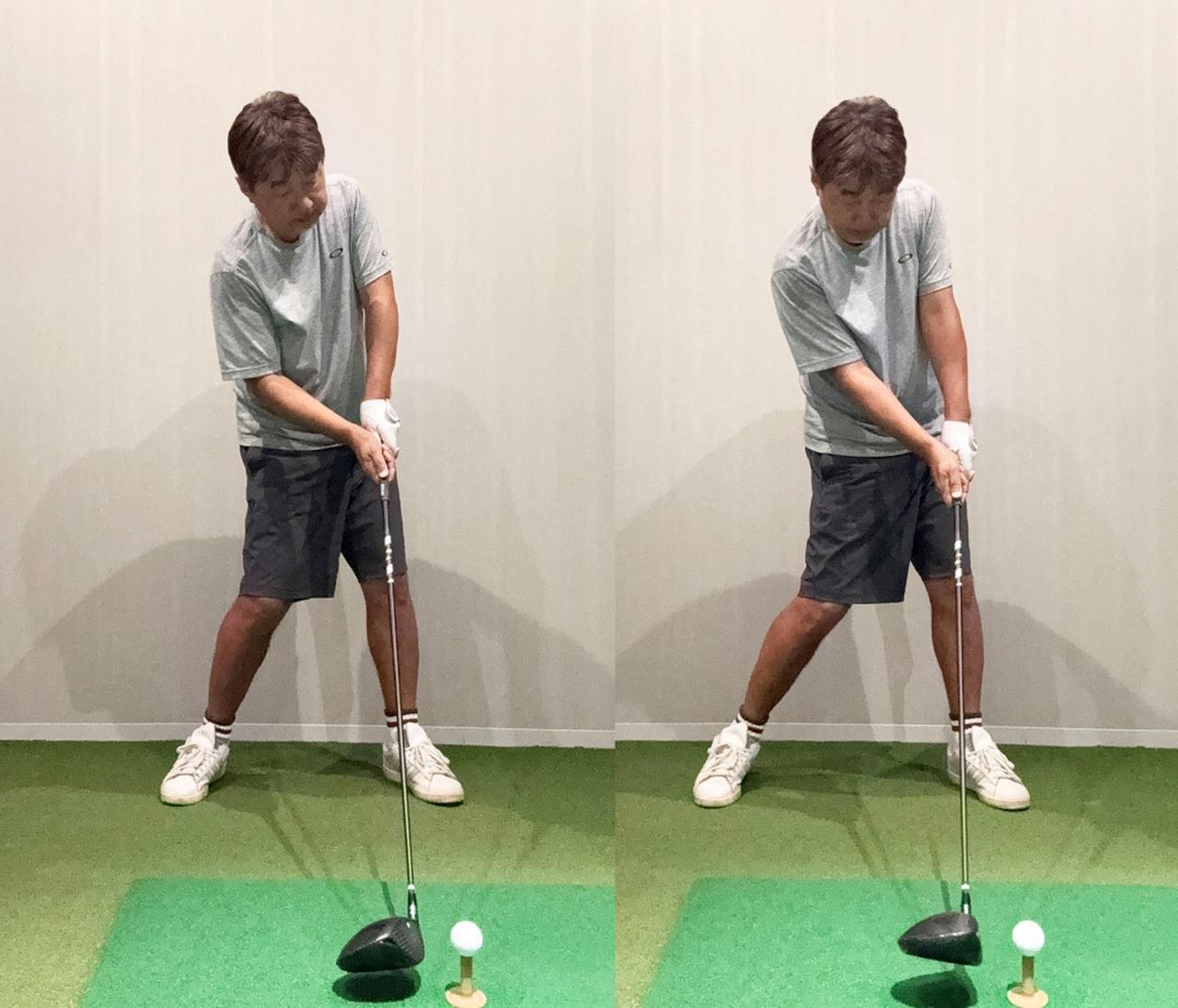 画像: (左)グリップをギリギリで持つとフェースの向きが不安定になったり、手元が浮いたりする。(右)短く持つとしっかりと押し込める