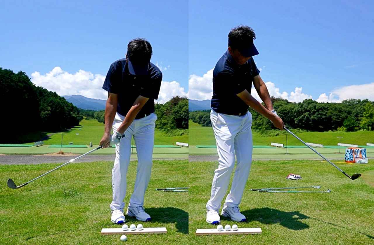 画像: 手のポジションが8時（トップ）～4時（フィニッシュ）の小さなアプローチは両腕を伸ばし、肩のラインと両腕でできる三角形をキープする