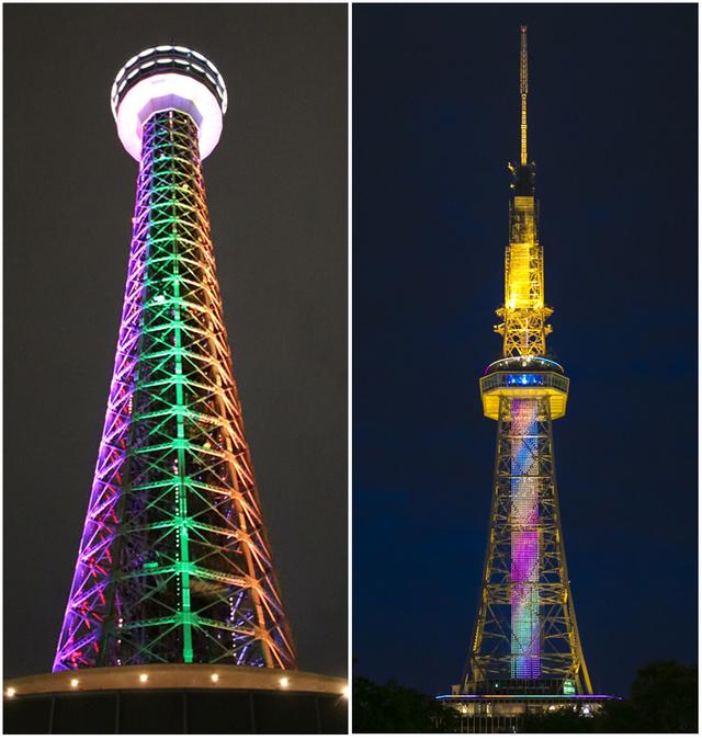 画像: ライトアップされた横浜マリンタワーと名古屋テレビ塔