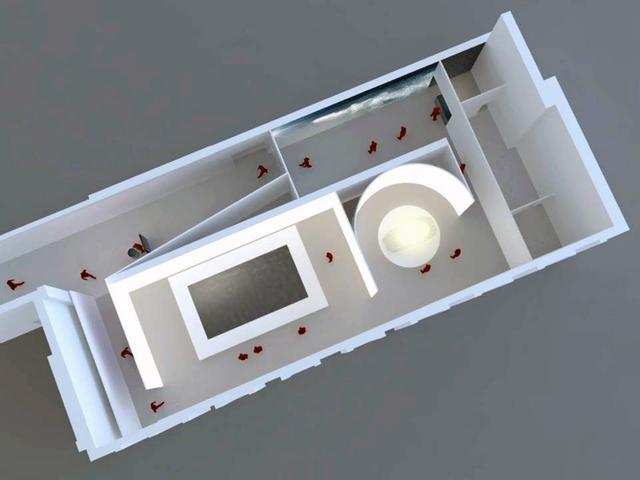 画像: 会場の俯瞰図。手前左側に吉泉氏の作品、右に吉本氏の作品、その上側に阿部氏の作品を展示する。