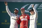 画像: 左から2位のルイス・ハミルトン(メルセデスAMG)、優勝したセバスチャン・ヴェッテル(フェラーリ)、3位バルテリ・ボッタス(メルセデスAMG)。