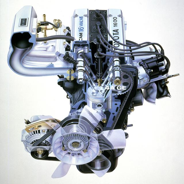 画像: 新開発の4A-GEUは名機と呼ばれた2T-G型の後継機的な位置づけ。4バルブ化されてさらにシャープな吹け上がりが素晴らしかった。最高出力は130馬力、最大トルクは15.2kgmとほどほどながら、扱いやすいシャシと相まって、実に気持ちの良いエンジンだった。