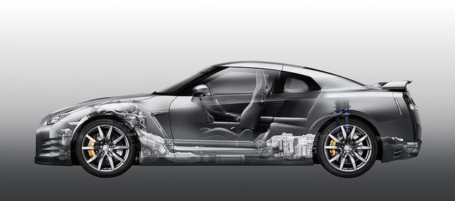 画像: GT-Rに採用されているプレミアム・ミッドシップパッケージ。リアタイヤのグリップ力を増すためにリアアクスルの直前にトランスミッションを配置しており、フロントタイヤのグリップを上げるためにV6エンジンはフロントアクスル上に置かれている。