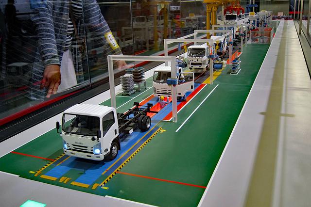 画像: 藤沢工場の車両組み立てラインを1/20スケールの精密な模型で忠実に再現している。