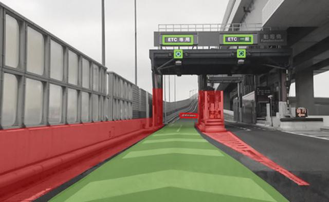 画像: 車内のディスプレイに、カメラやセンサーにはどのように周囲が見えていて、何をもとに制御しているかがわかるよう表示される。ETCレーンではこのように認識される。