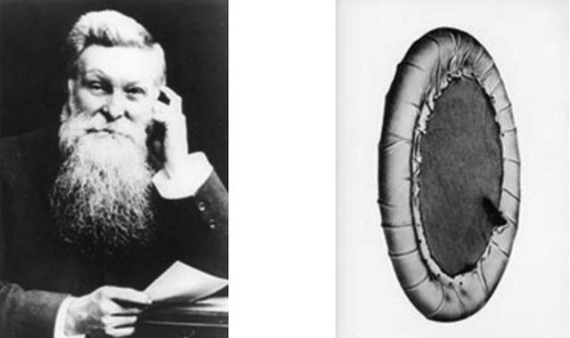 画像: 左はJ.B.ダンロップ氏。右はDUNLOPが実用化した世界初の空気入りタイヤ。