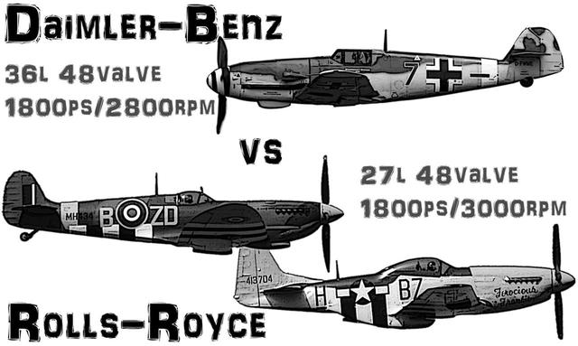 画像: 上からメッサーシュミット Me109、スーパーマリン・スピットファイア、そしてノースアメリカン P-51マスタング。