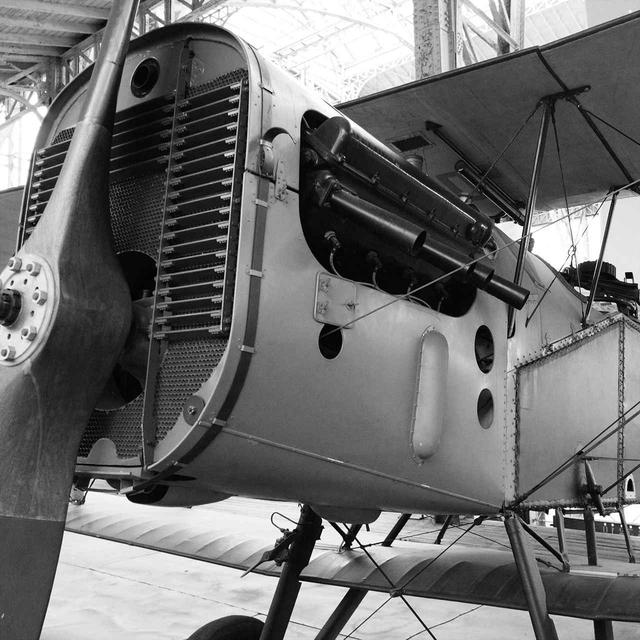 画像: 第1次大戦末期の水冷V型8気筒エンジン。ラジエターがあり、長いV型エンジンが機首を占めている。