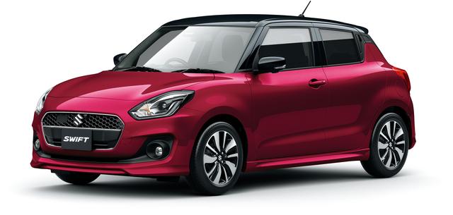 画像: スイフトXRリミテッド(アップグレードパッケージ・全方位モニター用カメラパッケージ装着車)。ボディカラーはクラレットレッドメタリック/ブラック2トーンルーフ。