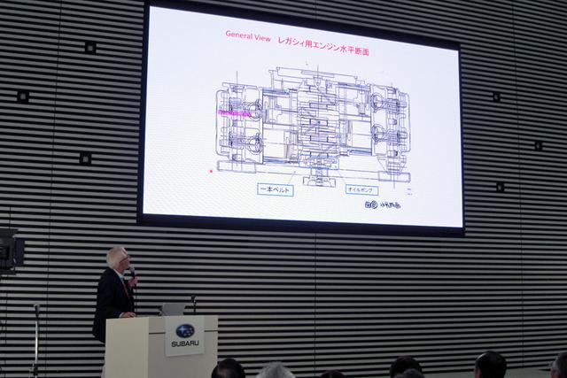画像: レガシィ用新水平対向エンジンの解説をする工藤氏。