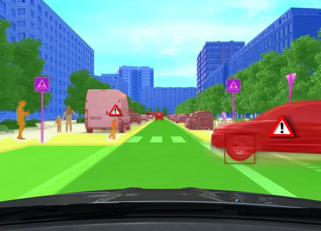 画像: カメラで認識した物体を解析した画像。車両、人物、建物、路面などが色分けされている。