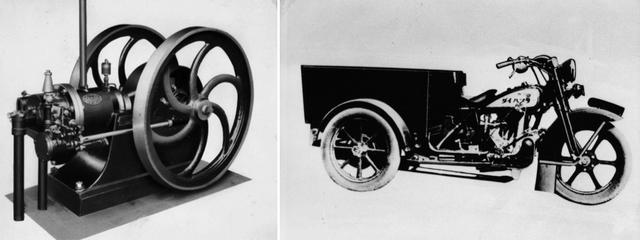 画像: ダイハツは1907年に創業した大阪の「発動機製造株式会社」が起源。もともと吸気ガス発動機や小型ディーゼルエンジン(写真左)などを製造していた。写真右は1930年に登場した小型三輪車「ダイハツ号」。