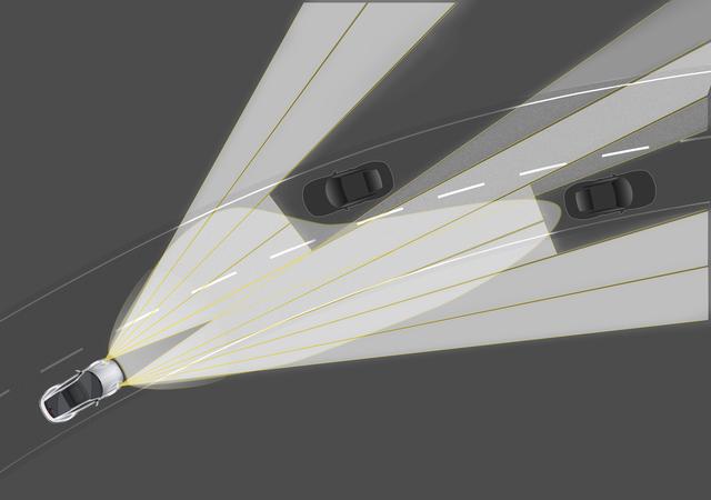 画像: PDLS付LEDマトリックスヘッドライトは先行車や対向車を検知するとフレキシブルに照射を変化させる。