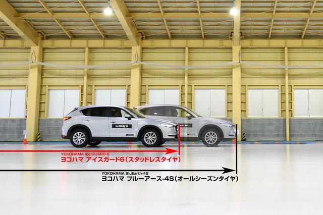画像: スタッドレスタイヤとオールシーズンタイヤのアイス路面での制動性能の違い(イメージ)。やはり氷を掴む手応えはアイスガード6のほうが上だ。