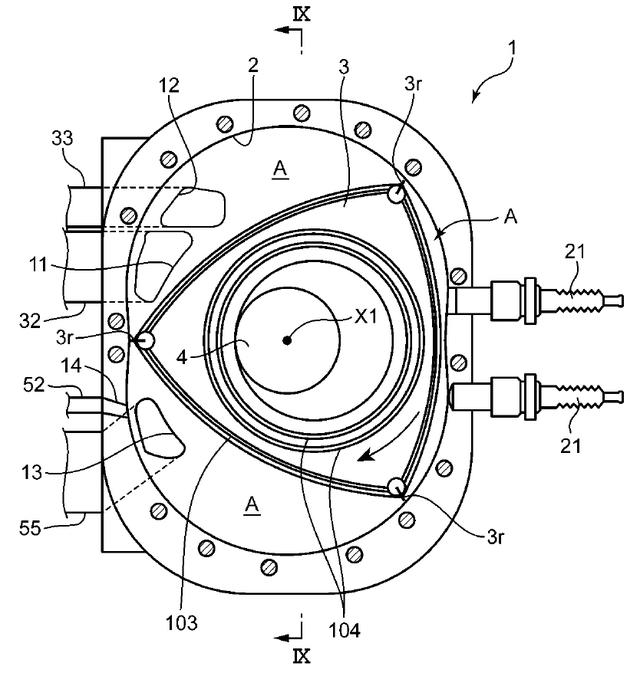 画像: ※公開特許より エンジン正面からの構成図。11と12が吸気ポート、13が排気ポート。14は今回追加されたペリフェラル排気ポートで、ローター頂点のアペックスシールにて開閉を行う。