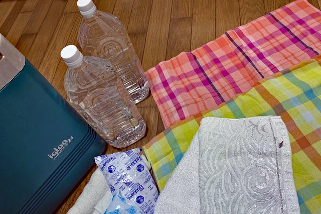 画像: 水を入れたペットボトル(凍らせる場合はボトルに注意)やタオル類は、多めに用意しておきたい。