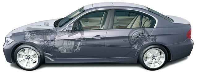 画像: E90型3シリーズのメカニズム図。前後の重量配分は50:50。