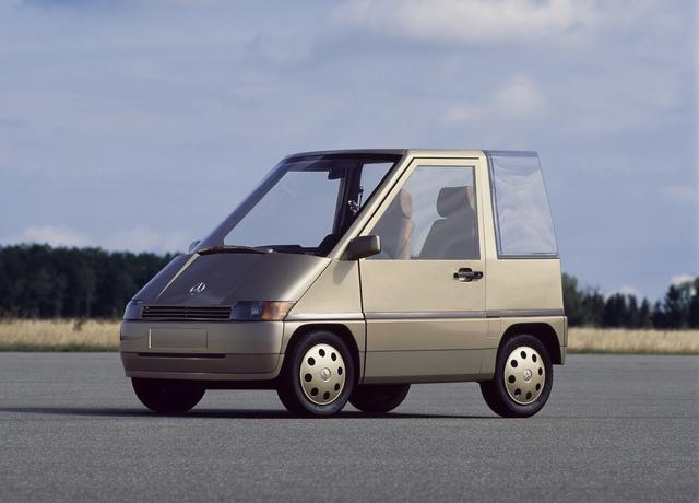 画像: 1980年代初頭にメルセデスが開発した超小型車のNAFA。後のスマートにつながる研究となった。全長2.5mは市販型スマートと同じだった。