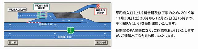 画像: 11月30日20時〜12月22日6時は平和島PA(上り)を閉鎖する。