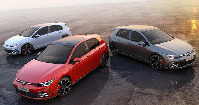 画像: 新型ゴルフのスポーツモデル、右からGTD、GTI、そして左奥がプラグインハイブリッドのGTE。