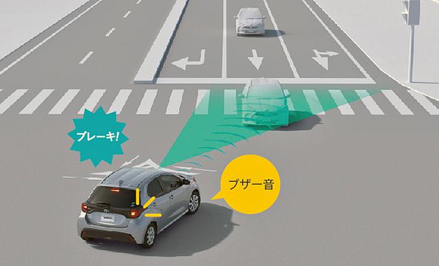 画像: 交差点右折時の対向直進車・右左折後の横断歩行者も検知対象とした「トヨタ セーフティセンス」のイメージ。