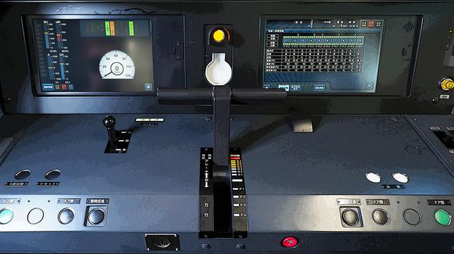 画像: 力行(加速)4段・制動8段が一体のT型マスコンハンドルが運転台中央に位置するのが、東急相直用の証し(JR標準は左手操作)。ボタン型スイッチは少なく、速度計をはじめ大半の情報はLCDパネルに表示され、タッチ操作する。