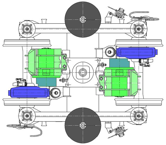 画像: 動力台車の平面図。緑の電動機が、青い部分のギアボックスにカーボン複合材の継手で接合される。狭軌は車輪の内側幅が990mmなので、電動機はかなり小さい。灰色の空気バネ上に直接車体が載る。