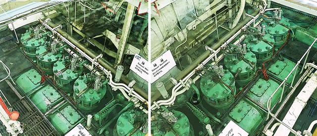 画像: 主機関も当初の石炭ボイラー+3連成レシプロ蒸気推進から、飛躍的に効率が良く小型軽量で整備性の良い、2サイクル/直列8気筒ディーゼルエンジン2機に換装された。