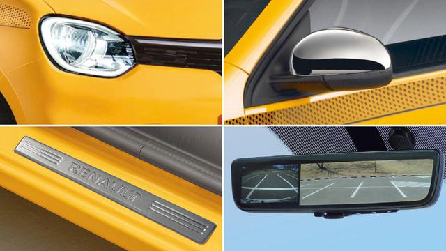 画像: トゥインゴ ブリヤントに採用される装備の一部。左上のLEDヘッドライト、右上のドアミラーカバー、左下のキッキングプレート、右下のフルディスプレイミラー。